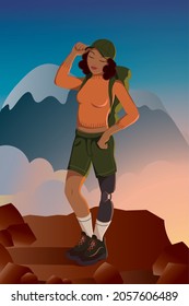 A confident girl with a prosthetic leg stands in the sunset after hiking with the nountains on the background.