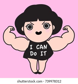  Confident Girl Showing Her Strong Big Biceps With I Can Do It Text On Her Outfit Concept Card Character illustration