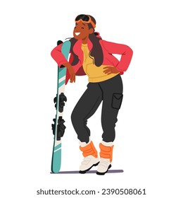 Confident Girl Snowboarder Strikes A Dynamic Pose with Board in Hands Isolated on White Backdrop. Female Character Radiating Energy And Enthusiasm For Winter Sports. Cartoon People Vector Illustration