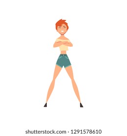 Confident girl standing standing with folded hands, woman fighting for rights, feminism concept vector Illustration
