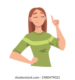 Confident Girl Standing Pointing with Her Finger, Self Pride, Acceptance, Esteem Concept Cartoon Vector Illustration