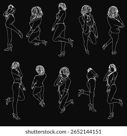 Uma menina confiante está sobre um fundo preto, vestindo um vestido elegante com características faciais detalhadas. Seu cabelo elegante e postura equilibrada criam um contraste impressionante contra o pano de fundo escuro.