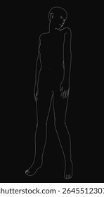 Uma menina confiante está em uma impressionante silhueta preto e branco, mãos em quadris, contra um fundo escuro. A composição minimalista destaca sua postura forte e presença ousada.