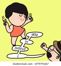 Confident Girl Walking On Her Boyfriend's Speech Bubble With Word I Believe In You Concept Card Character illustration