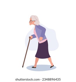 Confident Granny , elderly woman is Walking with cane Stick. Active outdoor lifestyle. Flat vector cartoon illustration