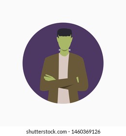 Confident green man in jacket on dark blue round background. Halloween, cartoon characters, costume. Vector illustration for poster, leaflet, brochure