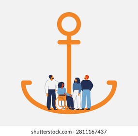 confident group of business people standing side by side at an anchor. teamwork, stability, unity, and steady leadership. grounded workforce holding down a company. vector illustration