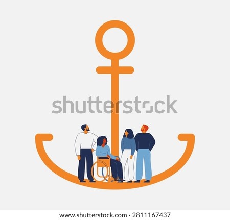 confident group of business people standing side by side at an anchor. teamwork, stability, unity, and steady leadership. grounded workforce holding down a company. vector illustration