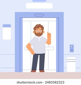 Un tipo seguro de sí mismo apunta con el dedo hacia arriba en el ascensor. Ilustración vectorial plana de concepto ascendente