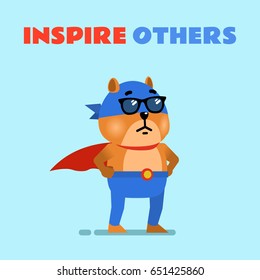 Confident hamster in a superhero suit looks forward. Inspire others - motivation quote. Simple vector illustration