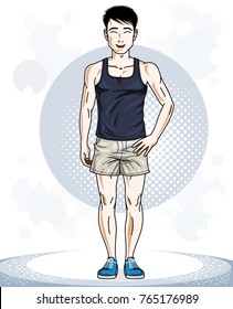 Confident handsome athletic brunet young sporty man standing. Vector illustration of male wearing sport clothes, sport style.