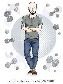 Confident handsome bald young man with beard is standing on simple background with dumbbells and barbells. Vector illustration of sportsman, sport style.