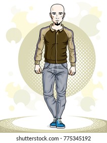Confident handsome bald young sporty man standing. Vector illustration of male with beard and wearing sport clothes, sport style.