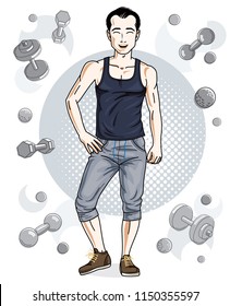 Confident handsome brunet young man is standing on simple background with dumbbells and barbells. Vector illustration of sportsman, sport style.