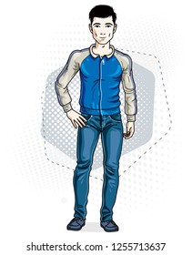 Confident handsome brunet young man standing. Vector illustration of male wearing casual clothes, jeans pants and jacket.