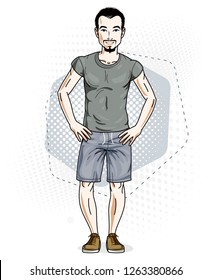 Confident handsome brunet young man standing. Vector illustration of male wearing casual clothes, jeans shorts and T-shirt.