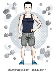 Confident handsome brunet young man is standing on simple background with dumbbells and barbells. Vector illustration of sportsman, sport style.