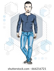 Confident handsome brunet young man standing. Vector illustration of male with beard wearing casual clothes, jeans pants and cotton shirt.