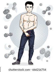 Confident handsome brunet young man is standing on simple background with dumbbells and barbells. Vector illustration of sportsman, sport style.