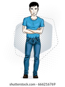 Confident handsome brunet young man standing. Vector illustration of male wearing casual clothes, jeans pants and T-shirt.