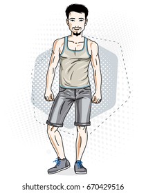 Confident handsome brunet young man standing. Vector illustration of male wearing casual clothes, jeans shorts and singlet.