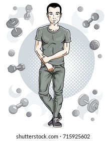 Confident handsome brunet young man is standing on simple background with dumbbells and barbells. Vector illustration of sportsman, sport style.