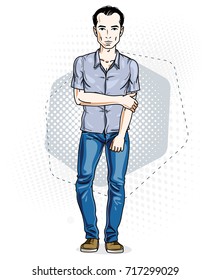 Confident handsome brunet young man standing. Vector illustration of male wearing casual clothes, jeans pants and cotton shirt.