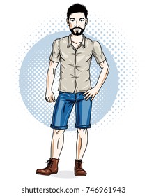 Confident handsome brunet young man standing. Vector illustration of male wearing casual clothes, jeans shorts and cotton shirt.