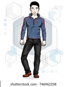 Confident handsome brunet young man standing. Vector illustration of male wearing casual clothes, jeans pants and pullover.
