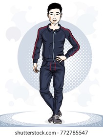 Confident handsome brunet young sporty man standing. Vector illustration of male wearing sport clothes, sport style.