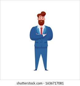 Confident handsome businessman standing in suit with arms crossed. Cartoon bearded manager in office. Successful entrepreneur. Vector professional man, concept of leadership, achievement and career.