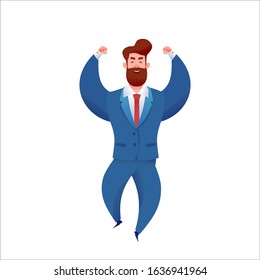 Confident handsome businessman standing in suit laughing raising hands up. Flat bearded manager in office. Successful entrepreneur. Vector professional man, concept of leadership, achievement career