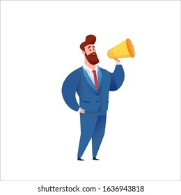 Confident handsome businessman standing in suit with megaphone. Cartoon bearded manager in office. Successful entrepreneur. Vector professional man, leadership achievement caree concept