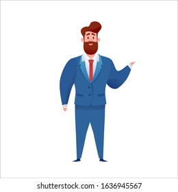 Confident handsome businessman standing in suit pointing out at presentation. Cartoon bearded manager in office. Successful entrepreneur. Vector professional man, concept of leadership, achievement 