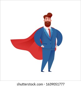 Confident handsome businessman standing in suit and red cape. Bearded manager hero in office. Successful super hero entrepreneur. Vector professional man, concept of leadership, achievement and career