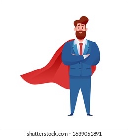 Confident handsome businessman standing in suit and red cape. Bearded manager hero in office. Successful super hero entrepreneur. Vector professional man, concept of leadership, achievement and career