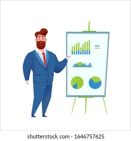 Confident handsome businessman in suit presenting annual report pointing out at graphs and diagrams at chart board. Cartoon bearded manager presenting financial results. Vector professional man