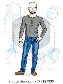Confident handsome hairless young man standing. Vector illustration of male with beard and whiskers wearing casual clothes, jeans pants.