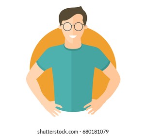 Confident handsome man in glasses. Flat design icon. Boy with arms akimbo. Simply editable isolated vector illustration