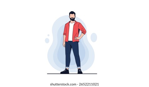 Confident Handsome Man Standing Tall with a Hand on His Hip in a Modern Casual Outfit