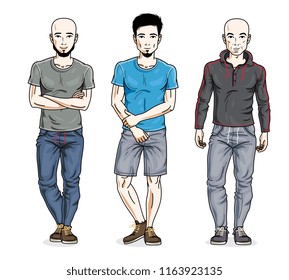 Confident handsome men group standing in stylish sportswear. Vector people illustrations set. Lifestyle theme male characters.
