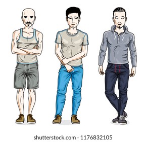 Confident handsome men group standing in stylish sportswear. Vector people illustrations set. Lifestyle theme male characters.