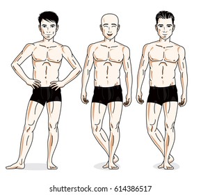 Confident handsome men group standing in black underwear. Vector diversity people illustrations set. Athletic man with perfect body.
