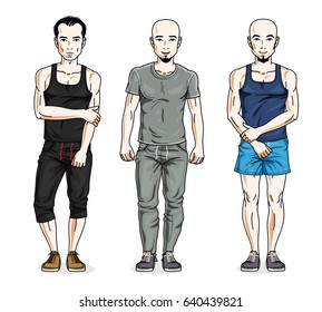 Confident handsome men group standing in stylish sportswear. Vector people illustrations set. Lifestyle theme male characters.