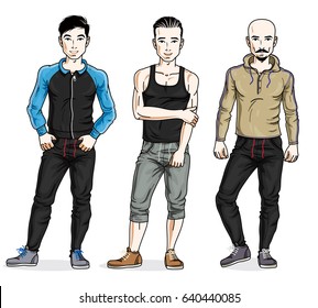 Confident handsome men group standing in stylish sportswear. Vector people illustrations set.