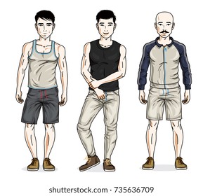Confident handsome men group standing wearing stylish sport clothes. Vector people illustrations set. Lifestyle theme male characters.
