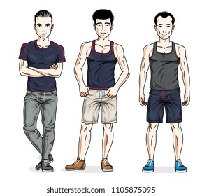 Confident handsome men posing in stylish sportswear. Vector set of beautiful people illustrations. Lifestyle theme male characters.
