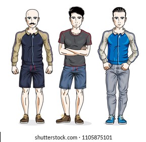 Confident handsome men posing in stylish sportswear. Vector set of beautiful people illustrations.