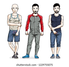 Confident handsome men posing in stylish sportswear, sportsman and fitness people. Vector set of beautiful people illustrations. Lifestyle theme male characters.