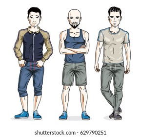 Confident handsome men posing in stylish sportswear. Vector set of beautiful people illustrations. Lifestyle theme male characters.
